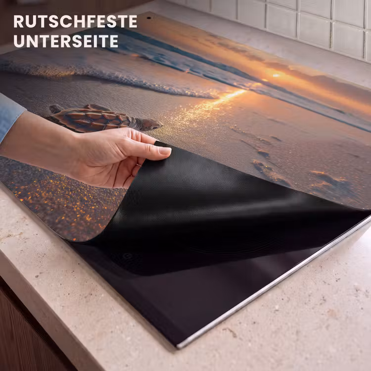 2-in-1 Herdabdeckplatte & Spritzschutz - Schildkröte - Strand - Sonnenuntergang - Schildpad - strand - Zonsondergang Inductie beschemer met haakjes klein