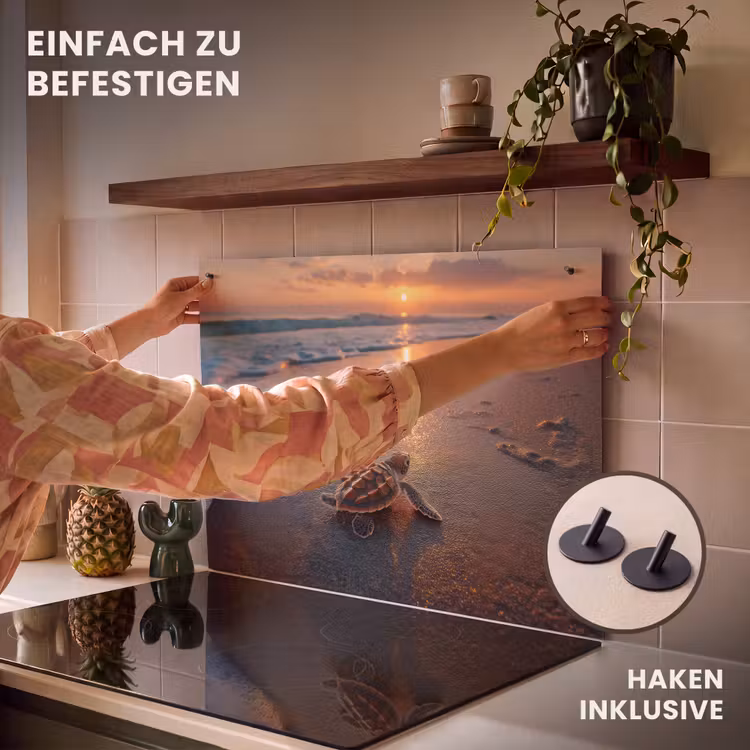 2-in-1 Herdabdeckplatte & Spritzschutz - Schildkröte - Strand - Sonnenuntergang - Schildpad - strand - Zonsondergang Inductie beschemer met haakjes klein