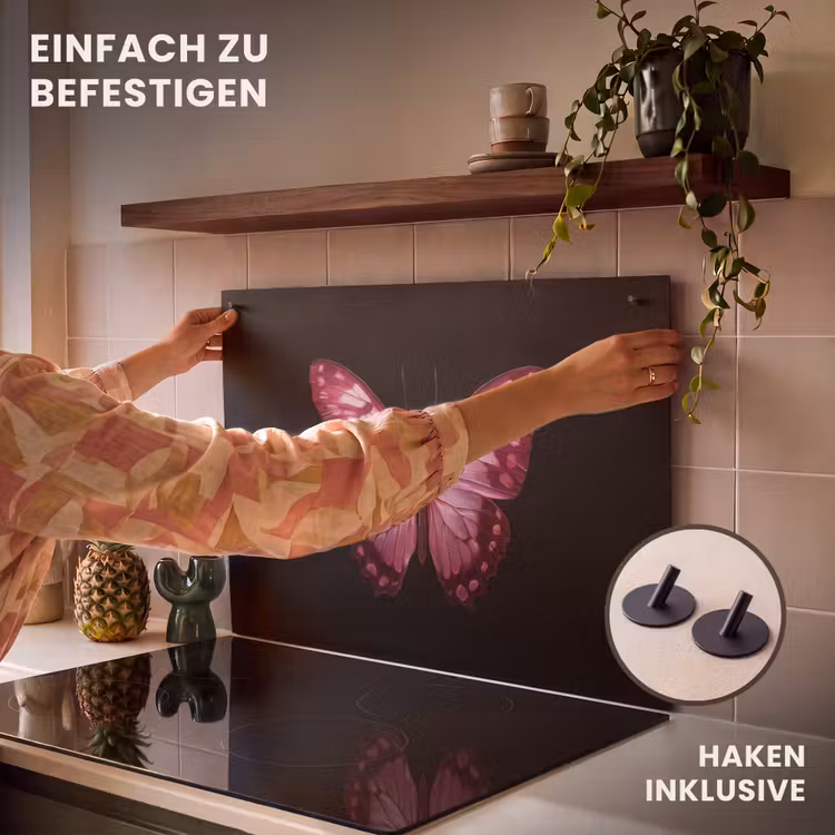 2-in-1 Herdabdeckplatte & Spritzschutz - Schmetterling - Fuchsia - Grafik - Vlinder - Fuchsia - Grafisch Inductie beschemer met haakjes klein