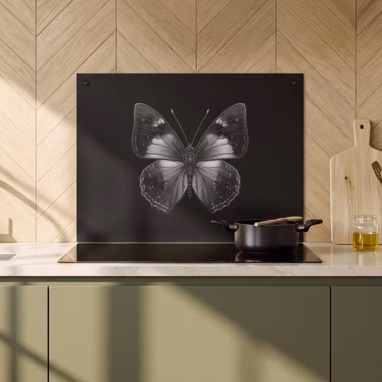 2-in-1 Herdabdeckplatte & Spritzschutz - Schmetterling - Grau - Geheimnisvoll - Vlinder - Grijs - Mysterieus Inductie beschemer met haakjes klein