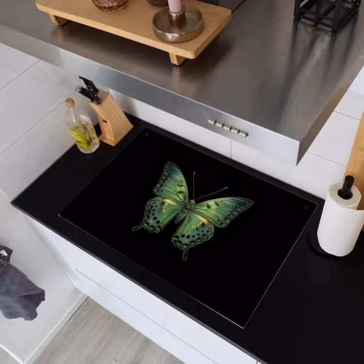2-in-1 Herdabdeckplatte & Spritzschutz - Schmetterling - Grün - Tiefe - Vlinder - Groen - Diepte Inductie beschemer met haakjes klein