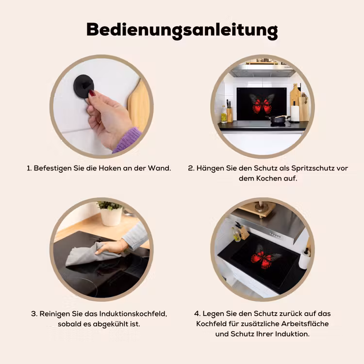 2-in-1 Herdabdeckplatte & Spritzschutz - Schmetterling - Rot - Kontrast - Vlinder - Rood - Contrast Inductie beschemer met haakjes klein