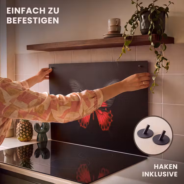 2-in-1 Herdabdeckplatte & Spritzschutz - Schmetterling - Rot - Kontrast - Vlinder - Rood - Contrast Inductie beschemer met haakjes klein