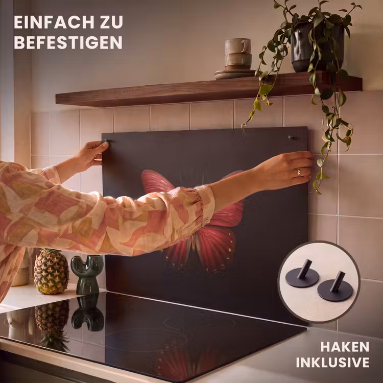 2-in-1 Herdabdeckplatte & Spritzschutz - Schmetterling - Rot - Minimalistisch - Vlinder - Rood - Minimalistisch Inductie beschemer met haakjes klein