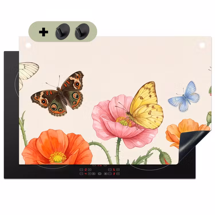 Vlinders - Klaprozen - Illustratie - Kleurrijk Inductie beschemer met haakjes klein -3d