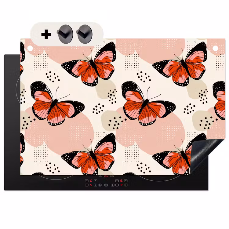 2-in-1 Herdabdeckplatte & Spritzschutz - Schmetterlinge - Retro - Farbenfroh - Vlinders - Retro - Kleurrijk Inductie beschemer met haakjes klein 777