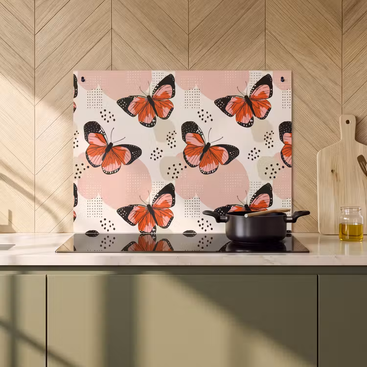 2-in-1 Herdabdeckplatte & Spritzschutz - Schmetterlinge - Retro - Farbenfroh - Vlinders - Retro - Kleurrijk Inductie beschemer met haakjes klein 777
