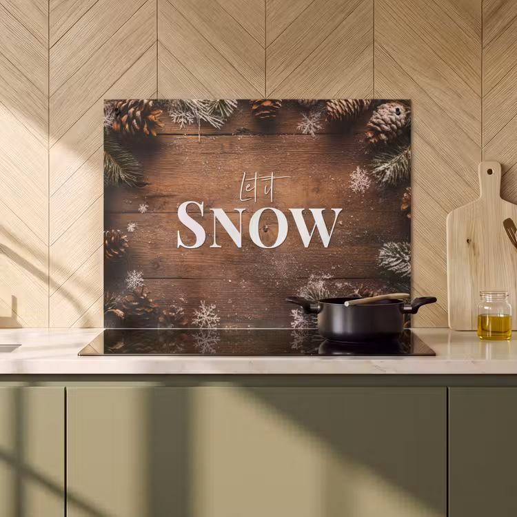 2-in-1 Herdabdeckplatte & Spritzschutz - Schnee - Holzoptik - Zitat - Let it snow — 3