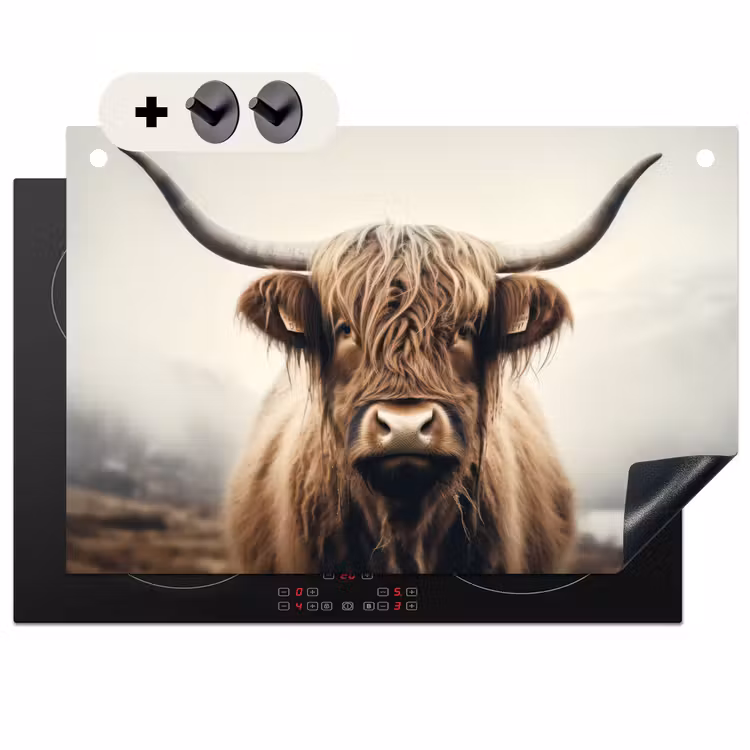 2-in-1 Herdabdeckplatte & Spritzschutz - Schottische Highlander - Hörner - Landschaft - Schotse hooglander - Hoorns - Landschap Inductie beschemer met haakjes klein