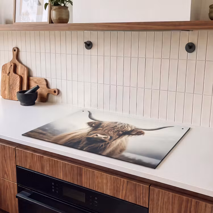 2-in-1 Herdabdeckplatte & Spritzschutz - Schottische Highlander - Hörner - Landschaft - Schotse hooglander - Hoorns - Landschap Inductie beschemer met haakjes klein