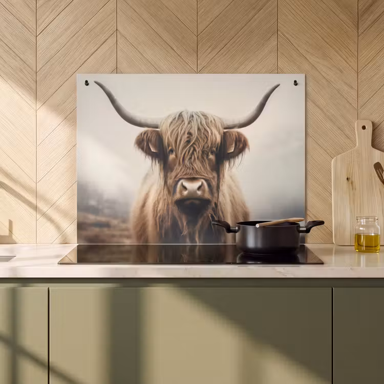 2-in-1 Herdabdeckplatte & Spritzschutz - Schottische Highlander - Hörner - Landschaft - Schotse hooglander - Hoorns - Landschap Inductie beschemer met haakjes klein
