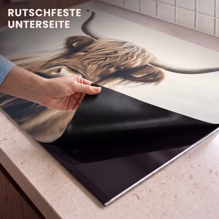 2-in-1 Herdabdeckplatte & Spritzschutz - Schottische Highlander - Hörner - Landschaft - Schotse hooglander - Hoorns - Landschap Inductie beschemer met haakjes klein