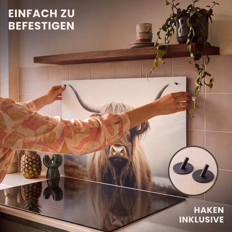 2-in-1 Herdabdeckplatte & Spritzschutz - Schottische Highlander - Hörner - Landschaft - Schotse hooglander - Hoorns - Landschap Inductie beschemer met haakjes klein