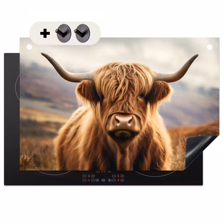 2-in-1 Herdabdeckplatte & Spritzschutz - Schottische Highlander - Landschaft - Tier - Schotse hooglander - Landschap - Dier Inductie beschemer met haakjes klein