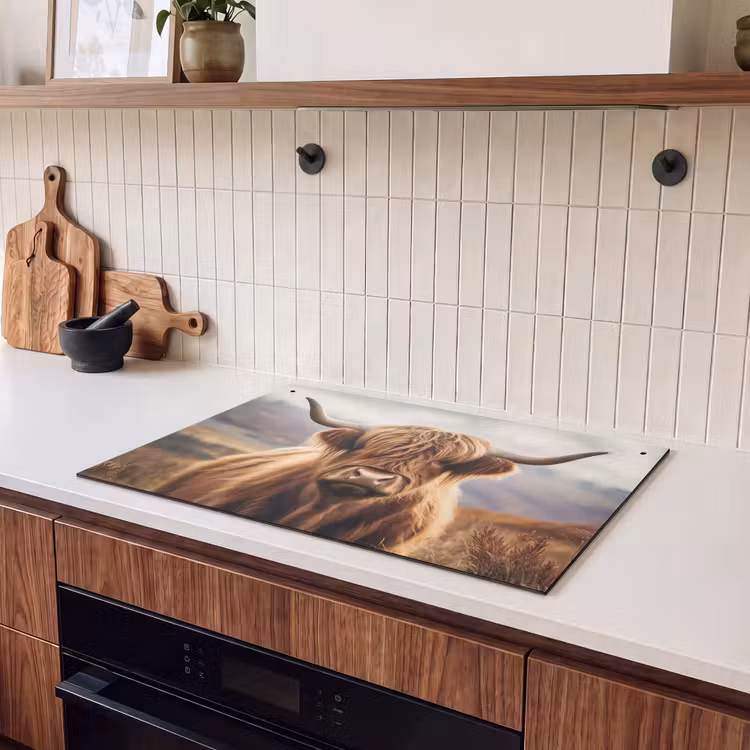 2-in-1 Herdabdeckplatte & Spritzschutz - Schottische Highlander - Landschaft - Tier - Schotse hooglander - Landschap - Dier Inductie beschemer met haakjes klein