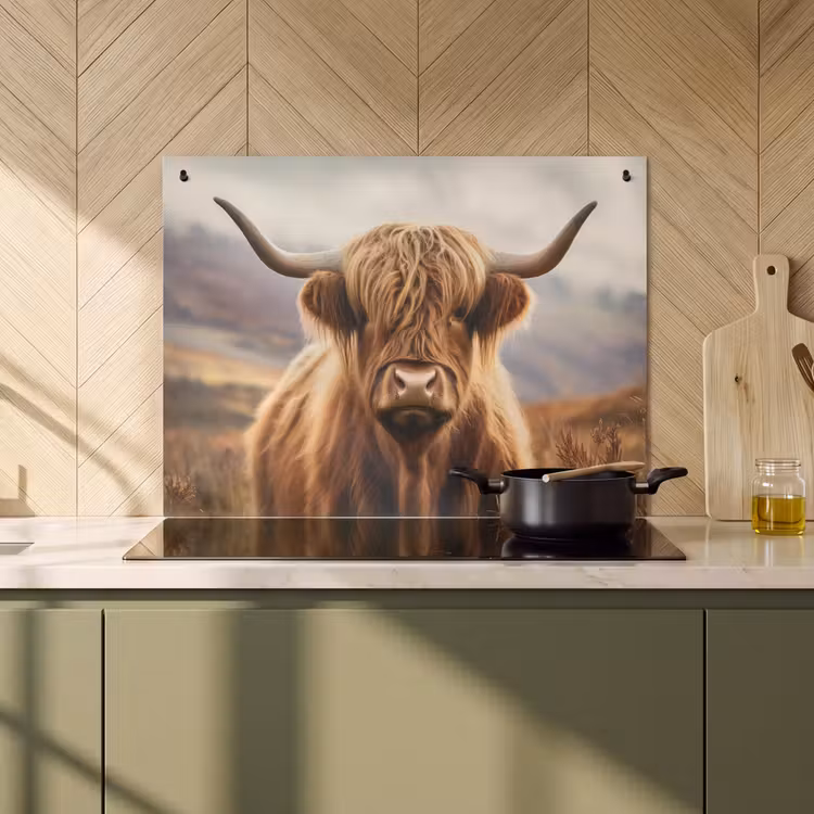 2-in-1 Herdabdeckplatte & Spritzschutz - Schottische Highlander - Landschaft - Tier - Schotse hooglander - Landschap - Dier Inductie beschemer met haakjes klein