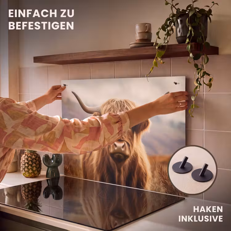 2-in-1 Herdabdeckplatte & Spritzschutz - Schottische Highlander - Landschaft - Tier - Schotse hooglander - Landschap - Dier Inductie beschemer met haakjes klein