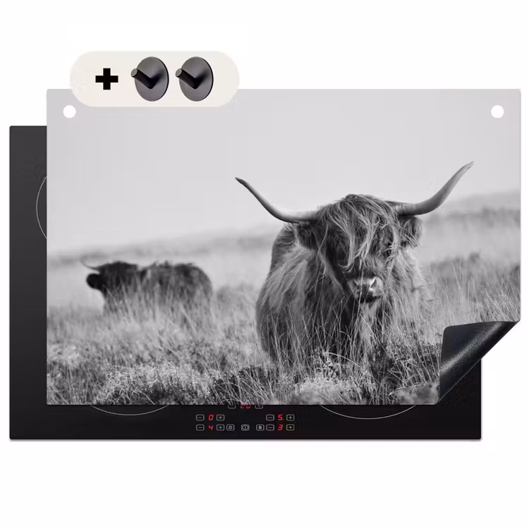 2-in-1 Herdabdeckplatte & Spritzschutz - Schottischer Highlander in Monochrom - Schotse Hooglander in Monochroom Inductie beschemer met haakjes klein