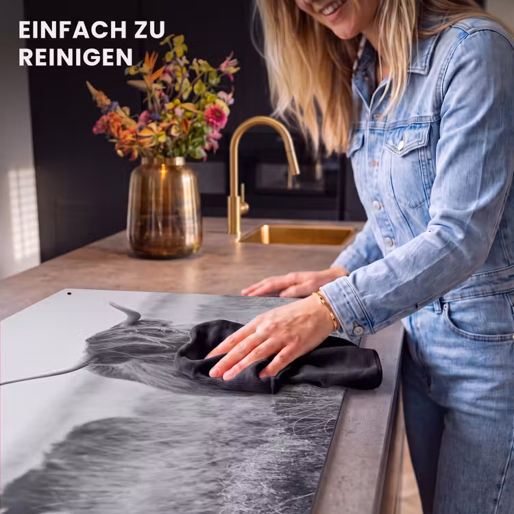 2-in-1 Herdabdeckplatte & Spritzschutz - Schottischer Highlander in Monochrom - Schotse Hooglander in Monochroom Inductie beschemer met haakjes klein