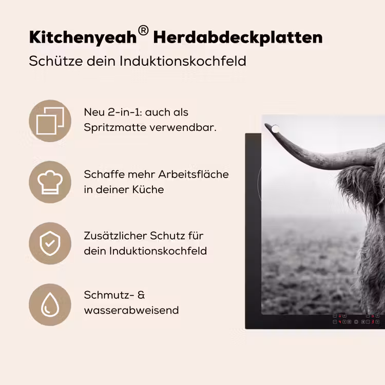 Schotse hooglander - Zwart - Wit - Gras Inductie beschemer met haakjes klein -ky-usp-de