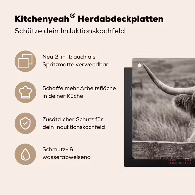 Schotse hooglander - Zwart - Wit - Hout Inductie beschemer met haakjes klein -ky-usp-de
