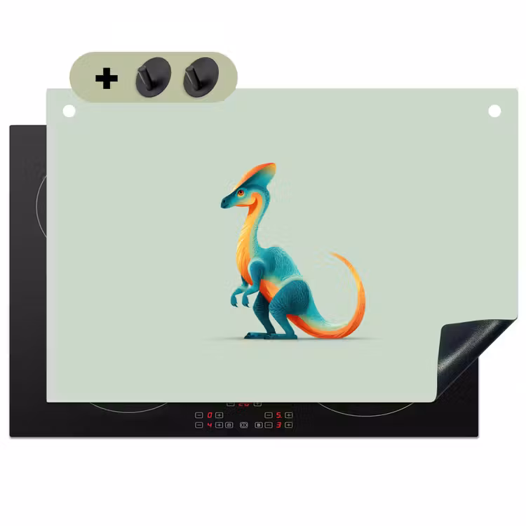 2-in-1 Herdabdeckplatte & Spritzschutz - Schwanz - Dino - Minimalistisch - Blau - Staart - Dino - Minimalistisch - Blauw Inductie beschemer met haakjes klein