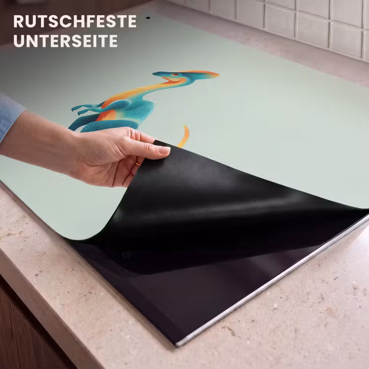 2-in-1 Herdabdeckplatte & Spritzschutz - Schwanz - Dino - Minimalistisch - Blau - Staart - Dino - Minimalistisch - Blauw Inductie beschemer met haakjes klein