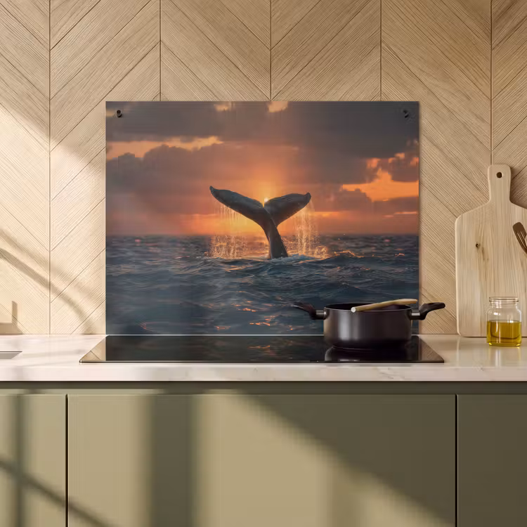 2-in-1 Herdabdeckplatte & Spritzschutz - Schwanz eines Wals - Wasser - Sonnenuntergang - Walvis staart - Water - Zonsondergang Inductie beschemer met haakjes klein