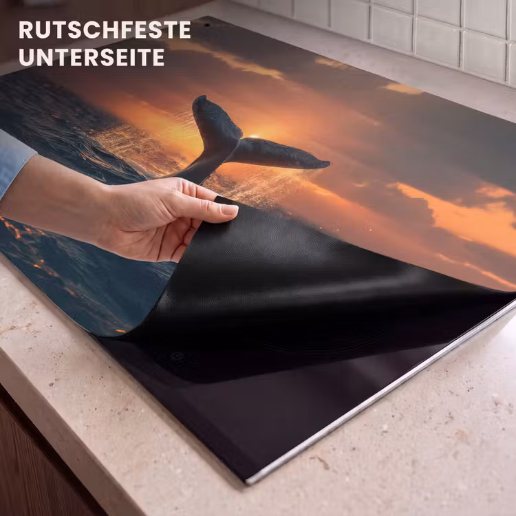 2-in-1 Herdabdeckplatte & Spritzschutz - Schwanz eines Wals - Wasser - Sonnenuntergang - Walvis staart - Water - Zonsondergang Inductie beschemer met haakjes klein