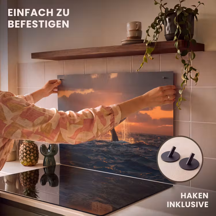 2-in-1 Herdabdeckplatte & Spritzschutz - Schwanz eines Wals - Wasser - Sonnenuntergang - Walvis staart - Water - Zonsondergang Inductie beschemer met haakjes klein