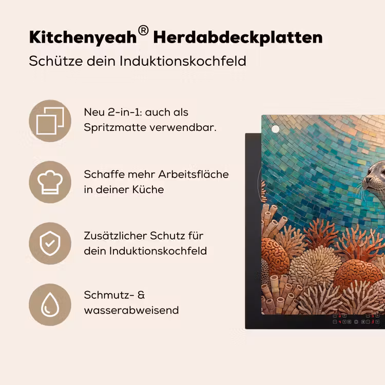Zeehond - Mozaïek - Onderwater - Dieren - Blauw Inductie beschemer met haakjes klein -ky-usp-de