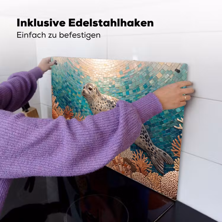 Zeehond - Mozaïek - Onderwater - Dieren - Blauw Inductie beschemer met haakjes klein -ky-ophangen-de