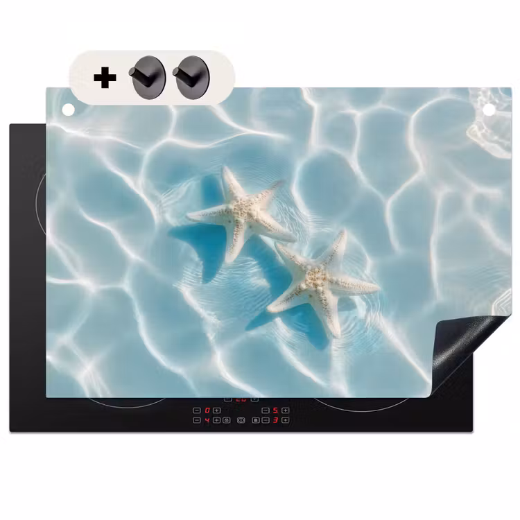 2-in-1 Herdabdeckplatte & Spritzschutz - Seesterne - Gewelltes Wasser - Beruhigend - Zeesterren - Golvend water - Rustgevend Inductie beschemer met haakjes klein
