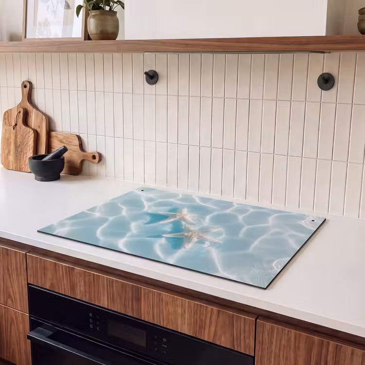 2-in-1 Herdabdeckplatte & Spritzschutz - Seesterne - Gewelltes Wasser - Beruhigend - Zeesterren - Golvend water - Rustgevend Inductie beschemer met haakjes klein