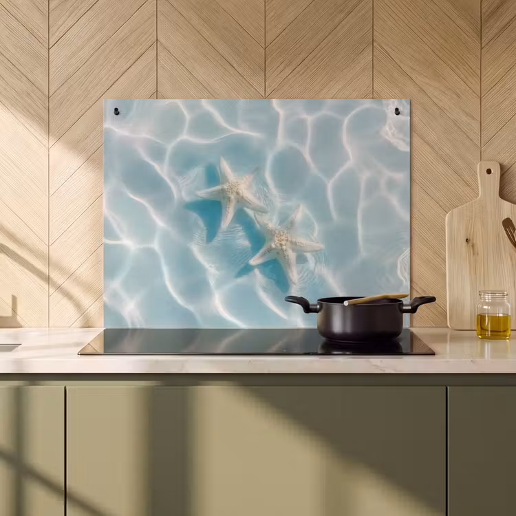 2-in-1 Herdabdeckplatte & Spritzschutz - Seesterne - Gewelltes Wasser - Beruhigend - Zeesterren - Golvend water - Rustgevend Inductie beschemer met haakjes klein