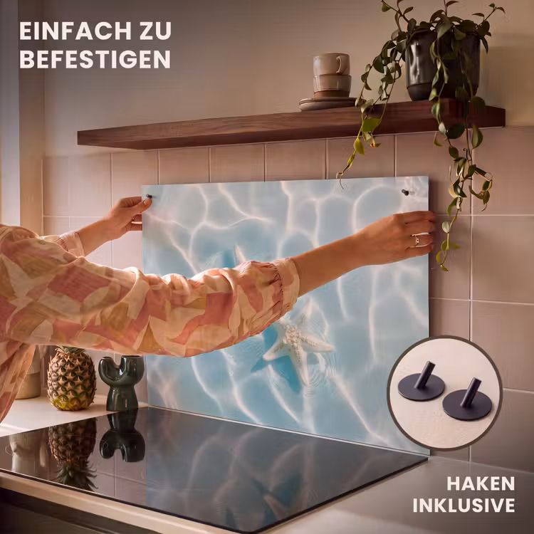 2-in-1 Herdabdeckplatte & Spritzschutz - Seesterne - Gewelltes Wasser - Beruhigend - Zeesterren - Golvend water - Rustgevend Inductie beschemer met haakjes klein