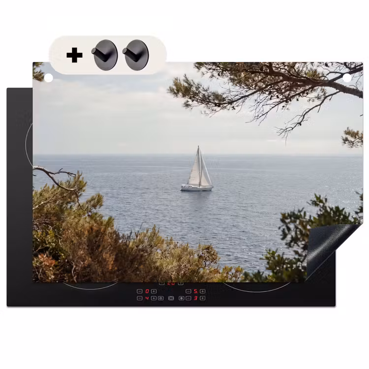 2-in-1 Herdabdeckplatte & Spritzschutz - Segelboot – Bäume – Wasser - Zeilboot - bomen - water Inductie beschemer met haakjes klein