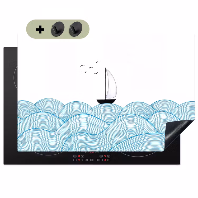 Zeilboot - Golven - Zee - Illustratie - Blauw Inductie beschemer met haakjes klein -3d