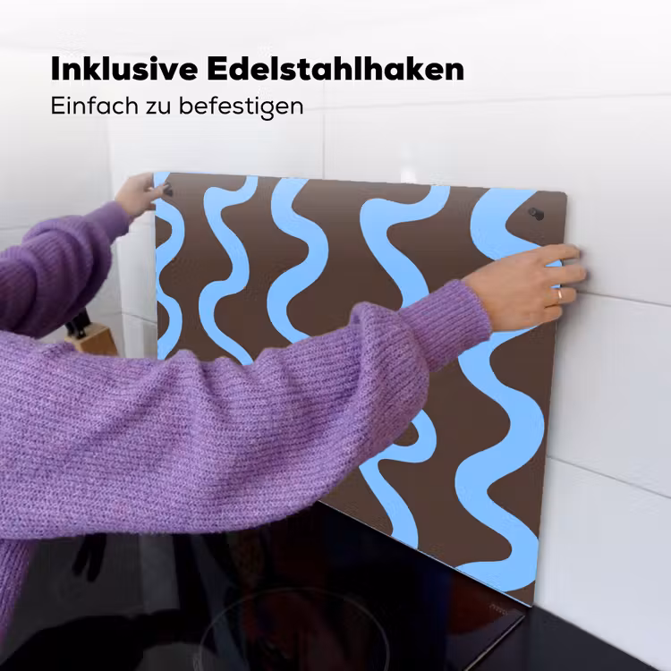 Kronkelende lijnen - Blauw - Bruin - Minimalistisch Inductie beschemer met haakjes klein 777 -ky-ophangen-de