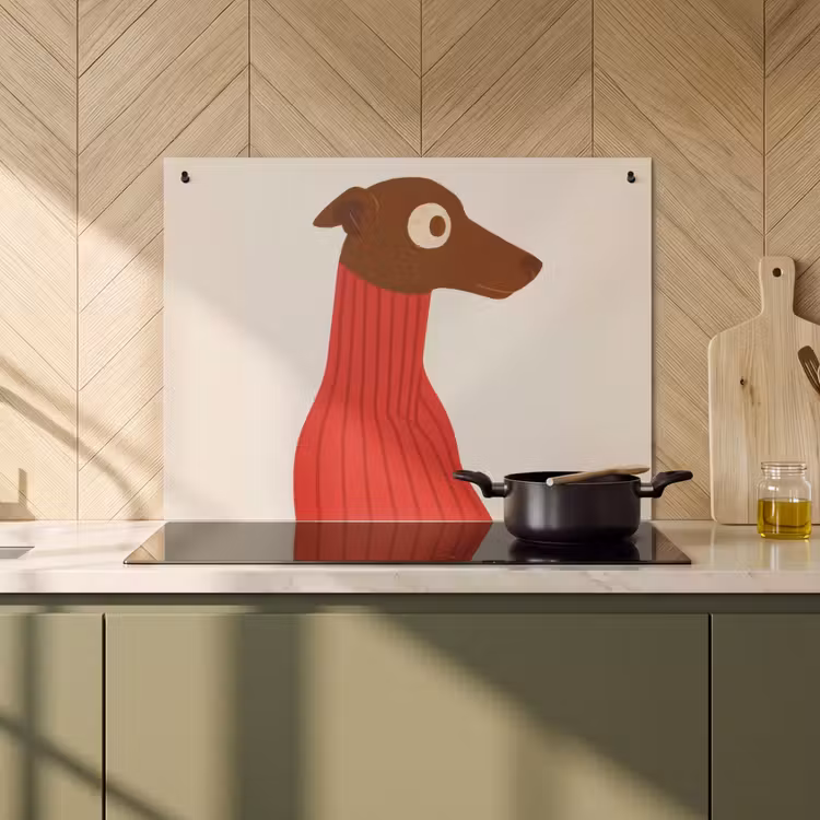 2-in-1 Herdabdeckplatte & Spritzschutz - Silhouette - Hund - Pullover - Rot - Silhouet - Hond - Trui - Rood Inductie beschemer met haakjes klein