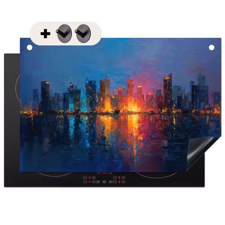 2-in-1 Herdabdeckplatte & Spritzschutz - Skyline - Pinselstriche - Dunkelblau - Leuchtend - Skyline - Penseelstreken - Donkerblauw - Lichtgevend Inductie beschemer met haakjes klein