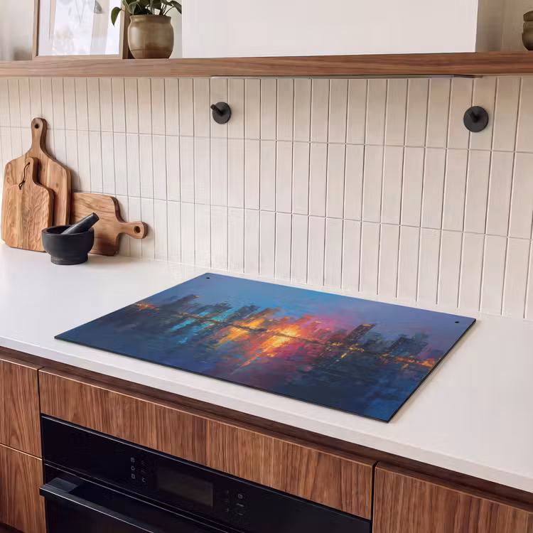 2-in-1 Herdabdeckplatte & Spritzschutz - Skyline - Pinselstriche - Dunkelblau - Leuchtend - Skyline - Penseelstreken - Donkerblauw - Lichtgevend Inductie beschemer met haakjes klein