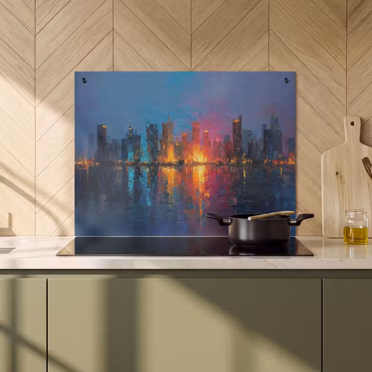 2-in-1 Herdabdeckplatte & Spritzschutz - Skyline - Pinselstriche - Dunkelblau - Leuchtend - Skyline - Penseelstreken - Donkerblauw - Lichtgevend Inductie beschemer met haakjes klein