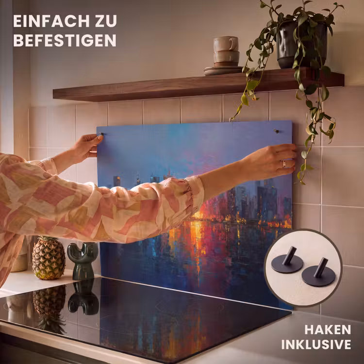 2-in-1 Herdabdeckplatte & Spritzschutz - Skyline - Pinselstriche - Dunkelblau - Leuchtend - Skyline - Penseelstreken - Donkerblauw - Lichtgevend Inductie beschemer met haakjes klein