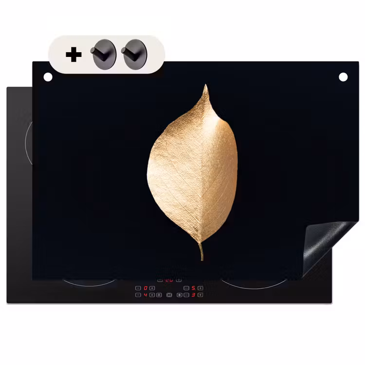 2-in-1 Herdabdeckplatte & Spritzschutz - Solitäres Blatt in Gold - Solitair blad in goud Inductie beschemer met haakjes klein