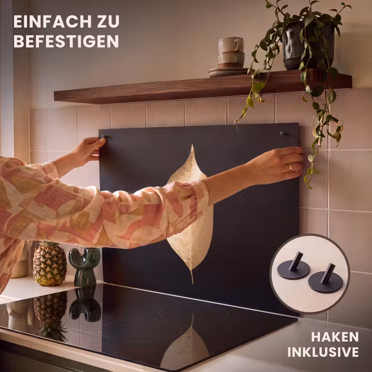 2-in-1 Herdabdeckplatte & Spritzschutz - Solitäres Blatt in Gold - Solitair blad in goud Inductie beschemer met haakjes klein