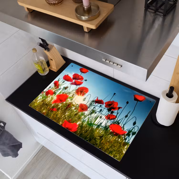 2-in-1 Herdabdeckplatte & Spritzschutz - Sommermohn Schönheit - Zomerse Klaprozenpracht Inductie beschemer met haakjes klein