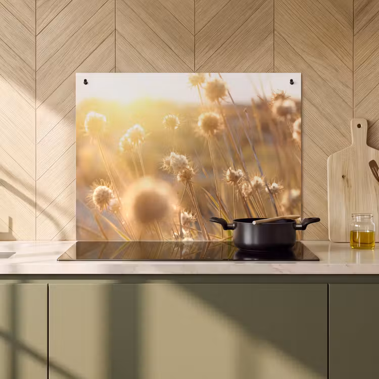 2-in-1 Herdabdeckplatte & Spritzschutz - Sonnenbeschienenes Feld Blumen - Zonovergoten Veldbloemen Inductie beschemer met haakjes klein