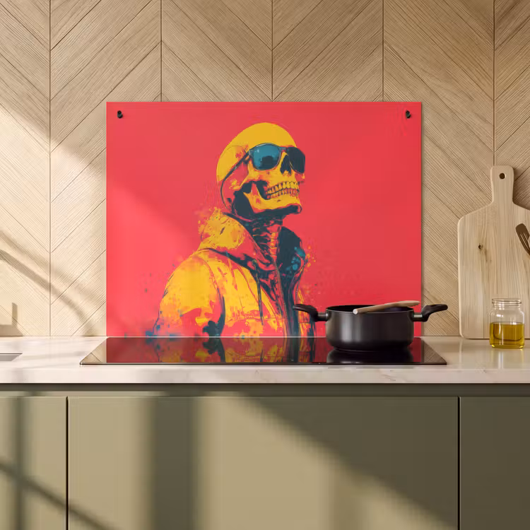 2-in-1 Herdabdeckplatte & Spritzschutz - Sonnenbrille - Totenkopf - Jacke - Rot - Zonnebril - Schedel - Jas - Rood Inductie beschemer met haakjes klein