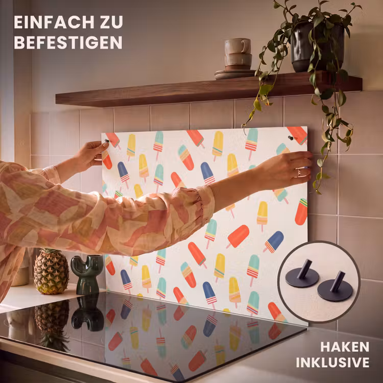 2-in-1 Herdabdeckplatte & Spritzschutz - Speiseeis - Verspielt - Farbenfroh - IJsjes - Speels - Kleurrijk Inductie beschemer met haakjes klein 777